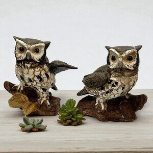 Homco Porcelain Barn owl Figurines 5" Set of 2 1995 #1114 Vintage